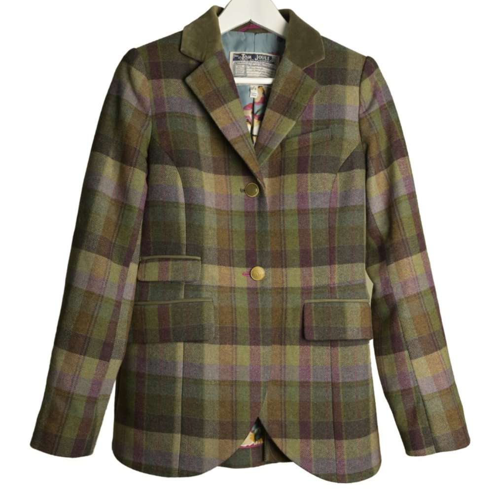 Tom Joule Boldly British Green and Plum Plaid Blazer with Floral Lining - Size 8